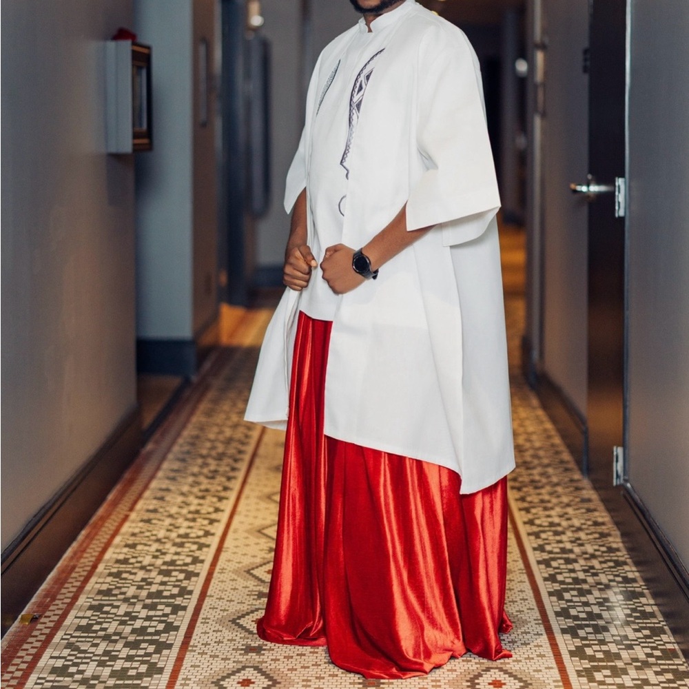 Vibrant Red Men’s Maxi for Edo traditional wedding. Specially handcrafted.